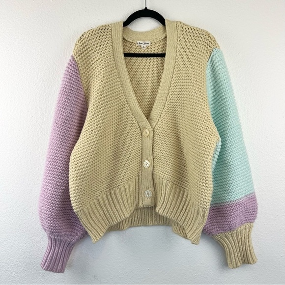FOR LOVE & LEMONS Kerry Cropped Chunky Cardigan, Yellow, Pink, Aqua, Size Medium - Picture 4 of 9